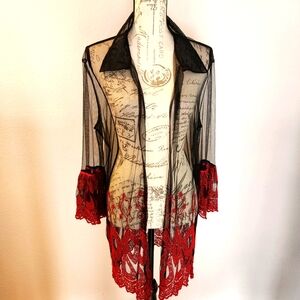 April Cornell Sheer Cover-up with Red  Lace detail goth vampire